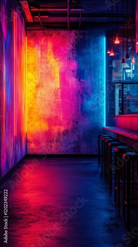 Vibrant neon lights illuminate a stylish stage in a modern art installation