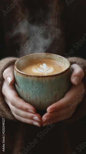 Warm cup of coffee held gently in hands with steam rising in a cozy setting d...