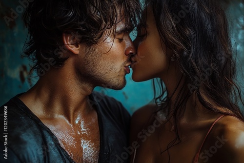 Romantic kiss between young couple in a dimly lit setting with a rustic backg...