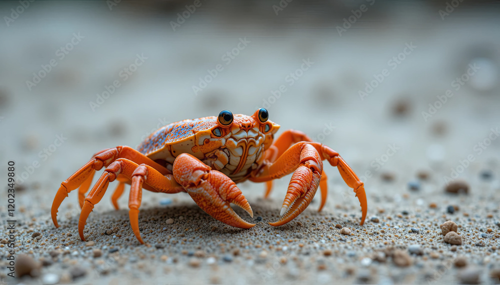 A vibrant orange crab walks along a sandy beach, showcasing its textured shell and distinctive claws under the warm sunlight. The surroundings are dotted with tiny pebbles A vibrant orange crab walks along a sandy beach, showcasing its textured shell and distinctive claws under the warm sunlight. The surroundings are dotted with tiny pebbles