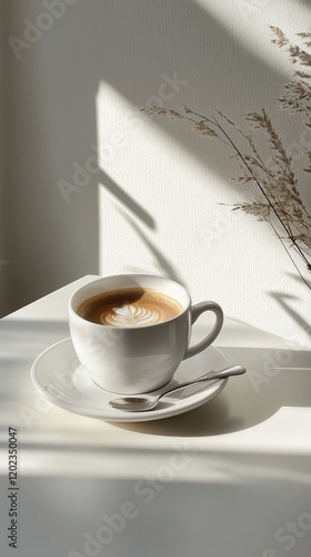Warm cup of coffee resting on saucer with sunlight casting soft shadows