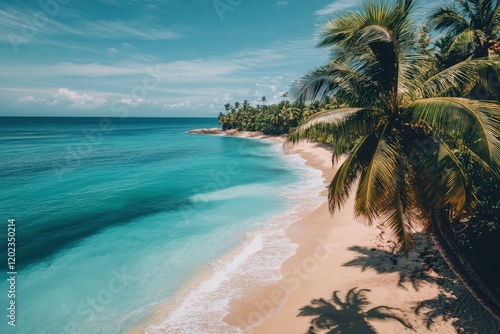 Relaxing beach view with palm trees and turquoise water on a sunny day
