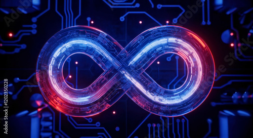 Futuristic Neon Infinity Symbol on Digital Circuit Board Background