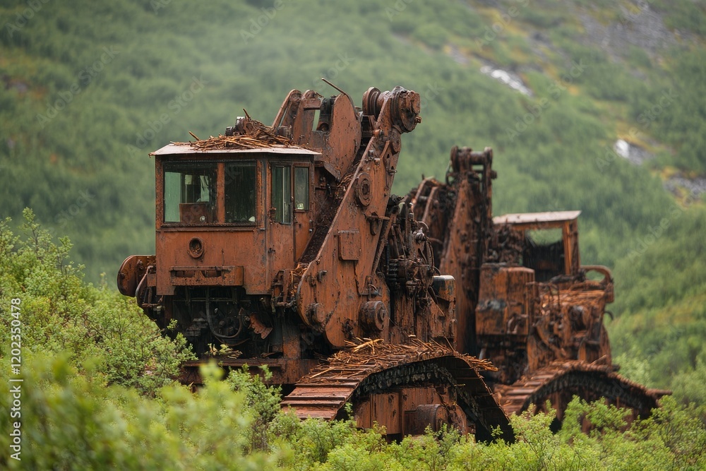Rusty construction machinery abandoned in a lush green landscape surrounded by mountains Rusty construction machinery abandoned in a lush green landscape surrounded by mountains