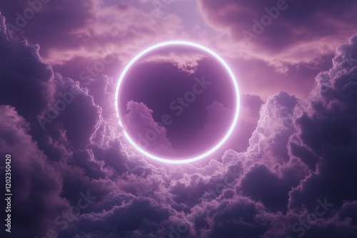 Ethereal pink clouds illuminated by a glowing circle at dusk