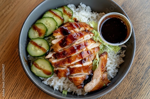 Hainanese chicken rice on a plate photo