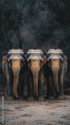 Three elephants standing together in a dramatic lighting setting showcasing t...
