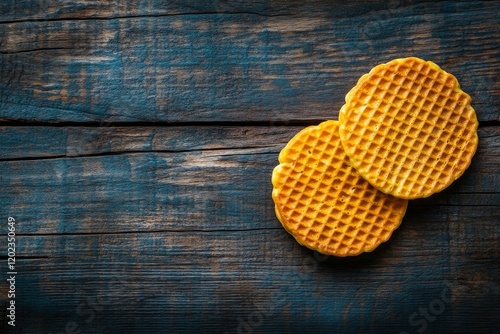 Delicious thin waffles placed on rustic wooden table