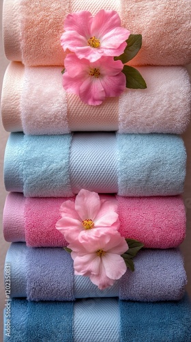 Soft towels stacked neatly with delicate pink flowers arranged on top for a s...
