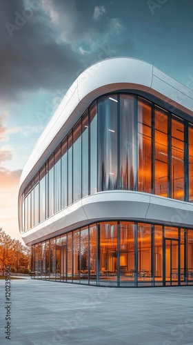 Stunning modern architecture of a sleek house with curved design at twilight