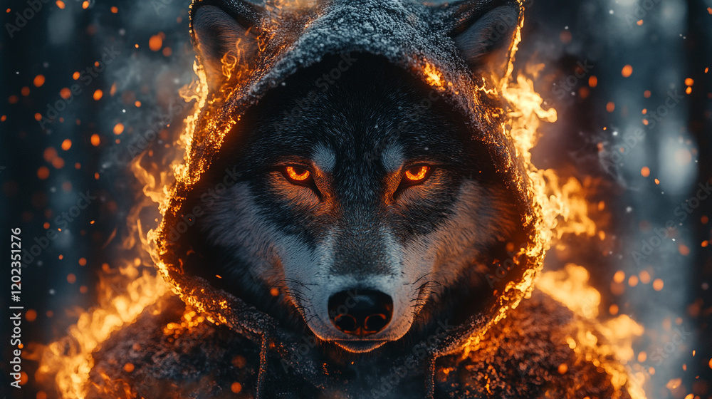 Fierce wolf with glowing eyes surrounded by flames in a mysterious forest Fierce wolf with glowing eyes surrounded by flames in a mysterious forest