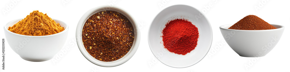 Paprika powder in a white bowl isolated on transparent background, Set of