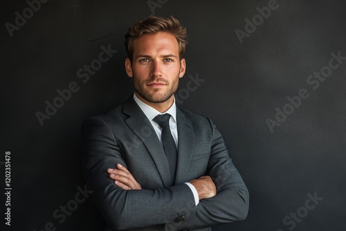 Confident business professional posing thoughtfully in a modern office settin...