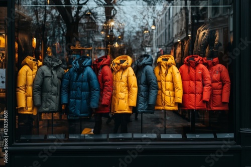 Colorful collection of coats displayed in a shop window in an urban setting d...