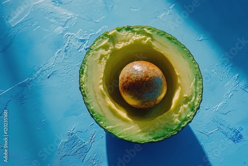 Freshly sliced avocado with water droplets on vivid blue background