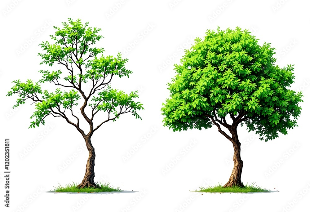 Obraz premium Illustration of Two Vibrant Green Trees with Distinct Shapes and Bright Foliage