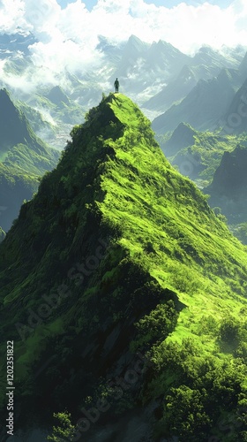 Majestic hiker standing on a mountain peak surrounded by lush greenery and mi...