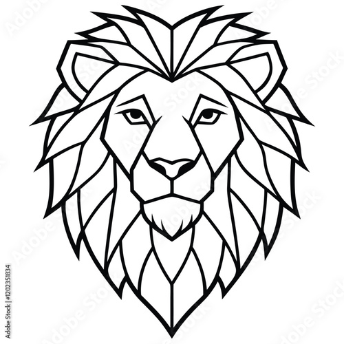 A sleek and majestic lion head drawn in modern line art style, featuring sharp geometric lines and intricate detailing to convey strength and nobility. photo