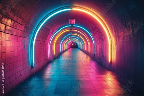 Colorful neon lights illuminate a modern tunnel with a vibrant and futuristic...
