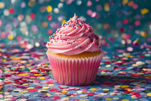 Colorful cupcake with pink frosting and sprinkles on a confetti-covered surface