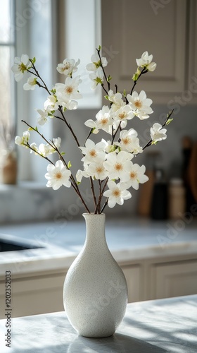 Bright white flower arrangement in a simple vase on a kitchen countertop duri...