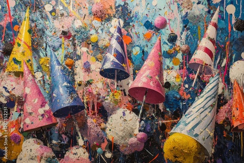 Colorful party hats in a festive atmosphere with confetti falling during cele...