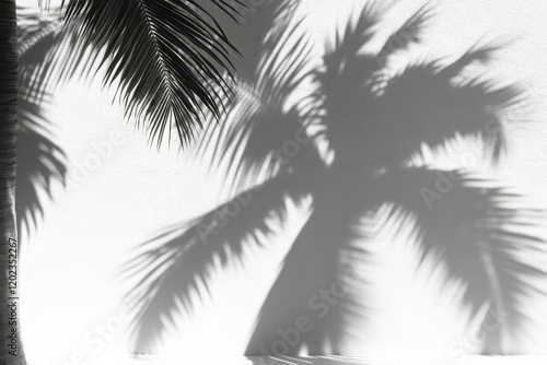 Palm tree shadow cast on a textured white wall in bright sunlight