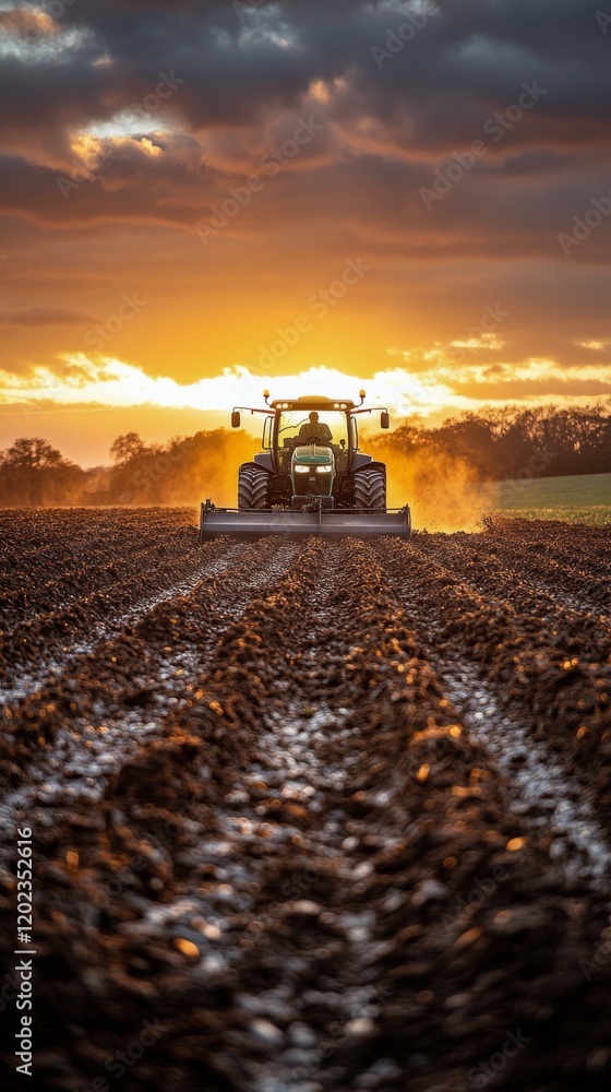 Fototapeta premium Tractor plowing a field at sunset with golden sky and dust in the air