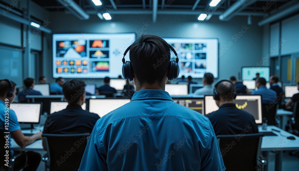 Fototapeta premium Engineers observing production in control room, high-tech monitoring