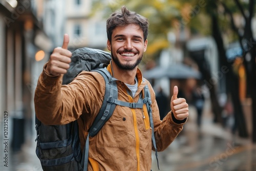 Young man with backpack giving thumbs up in urban environment during daytime