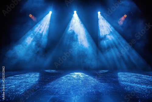 Bright stage lights illuminating a foggy performance area in an event space