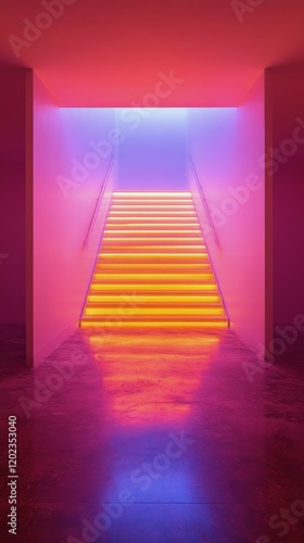 Vibrant neon staircase illuminated by colorful lights in a modern architectur...