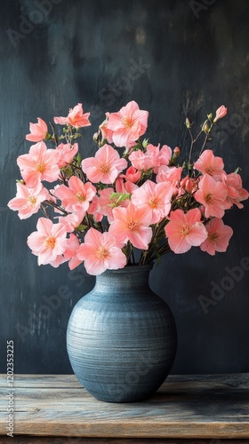Cherry blossoms in a glass vase placed on a wooden table near a window with s...