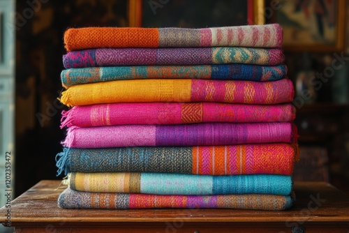 Vibrant handwoven textiles arranged in a colorful stack on a wooden table in ...