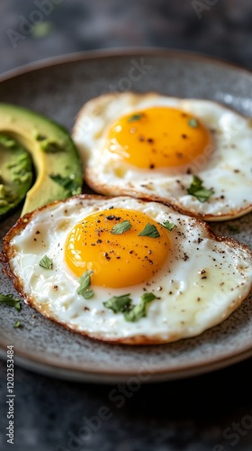 Delicious breakfast featuring fried eggs and fresh avocado on a gray plate