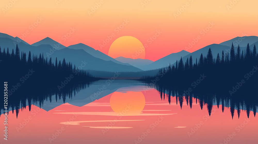 Fototapeta premium A serene sunset over a tranquil lake. Serene Sunset Reflection. Illustration