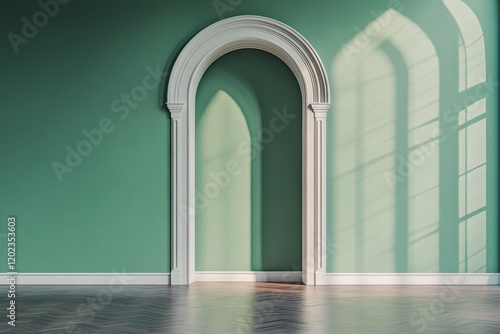 Elegant interior hallway with green walls and white door in modern style design