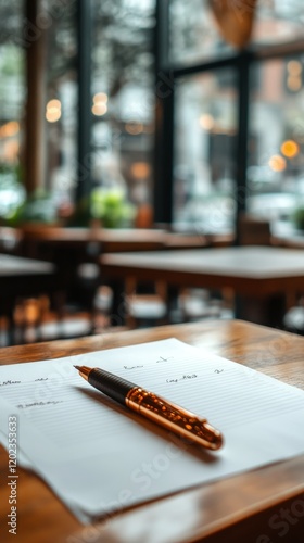 Elegant gold pen resting on blank notepad in warm coffee shop during afternoon