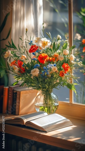 Colorful flower bouquet on a windowsill beside an open book in a cozy indoor ...