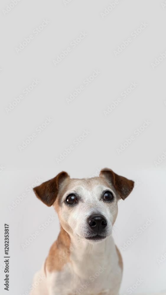 smart senior gray haired 15 years old dog calmly looks at camera attentively observes look of wise eyes. gray background. lots of empty space above head from above. vertical slow motion video