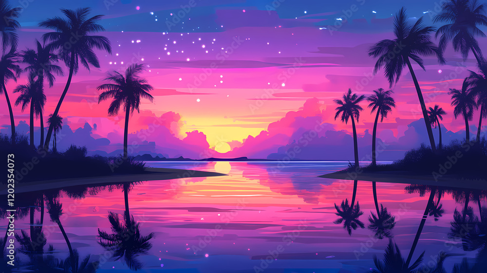 Fototapeta premium A vibrant sunset over a tropical beach with palm trees and colorful skies. Serene Sunset Reflection. Illustration