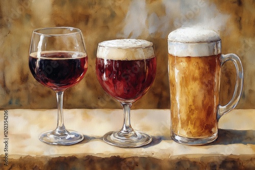 Variety of beverages displayed on a counter showcasing different colors and t...