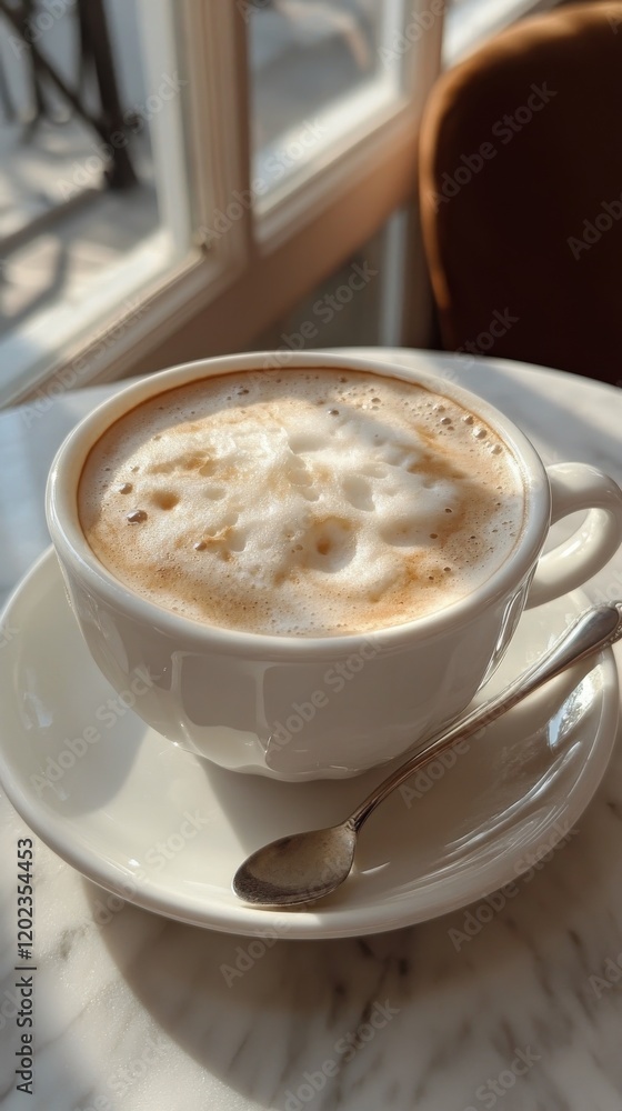 Rich coffee with frothy cream and sprinkle of spice on marble table near a window Rich coffee with frothy cream and sprinkle of spice on marble table near a window