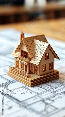 Intricate wooden model house displaying architectural details on blueprint ba...