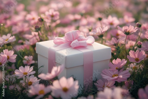 Wrapped gift box surrounded by pink flowers in a vibrant garden setting