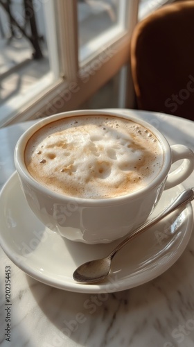Rich coffee with frothy cream and sprinkle of spice on marble table near a wi...