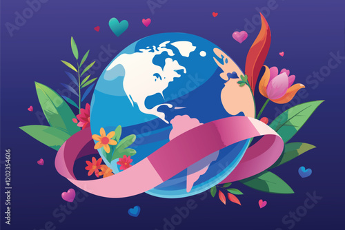 A vector of the planet Earth with a vibrant pink ribbon tied around it, adorned with hearts and flowers