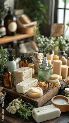 Natural handmade soaps and body products displayed on a rustic wooden table i...