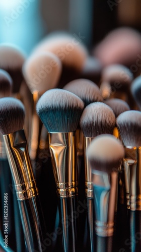 Makeup brushes collected in a close-up display showcasing various shapes and ...