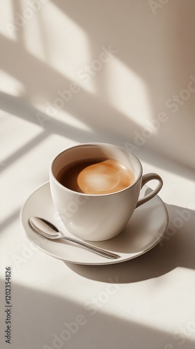 Warm cup of coffee resting on saucer with sunlight casting soft shadows